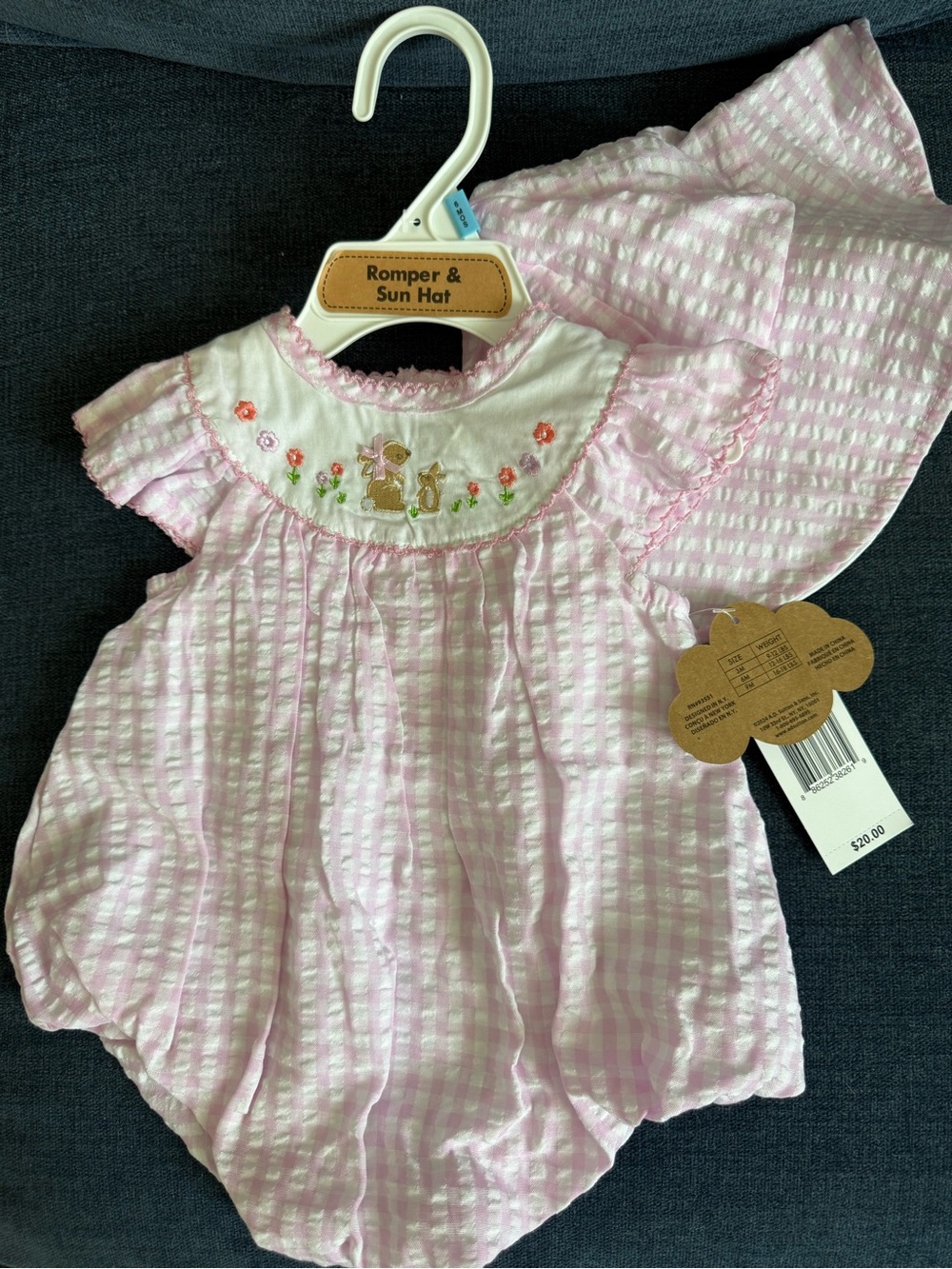 Pink Gingham Baby Romper with Sun Hat